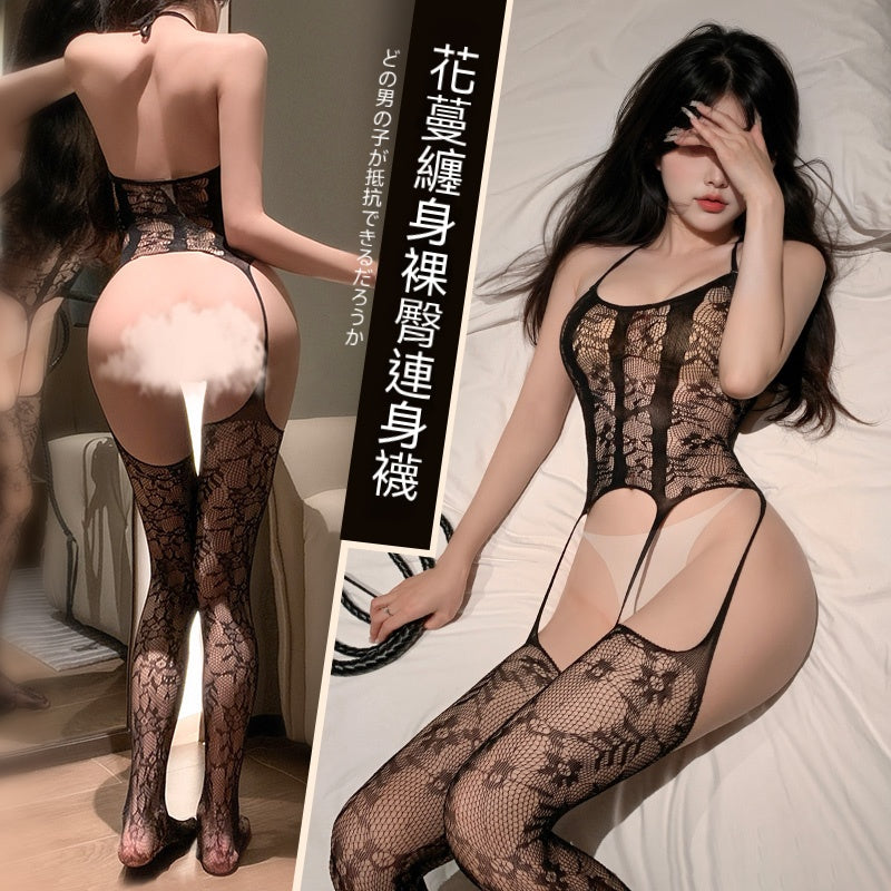 梵蜜 Vami&霏慕 情趣內衣黑花蔓纏身迷離裸臀連身襪 7530 均碼