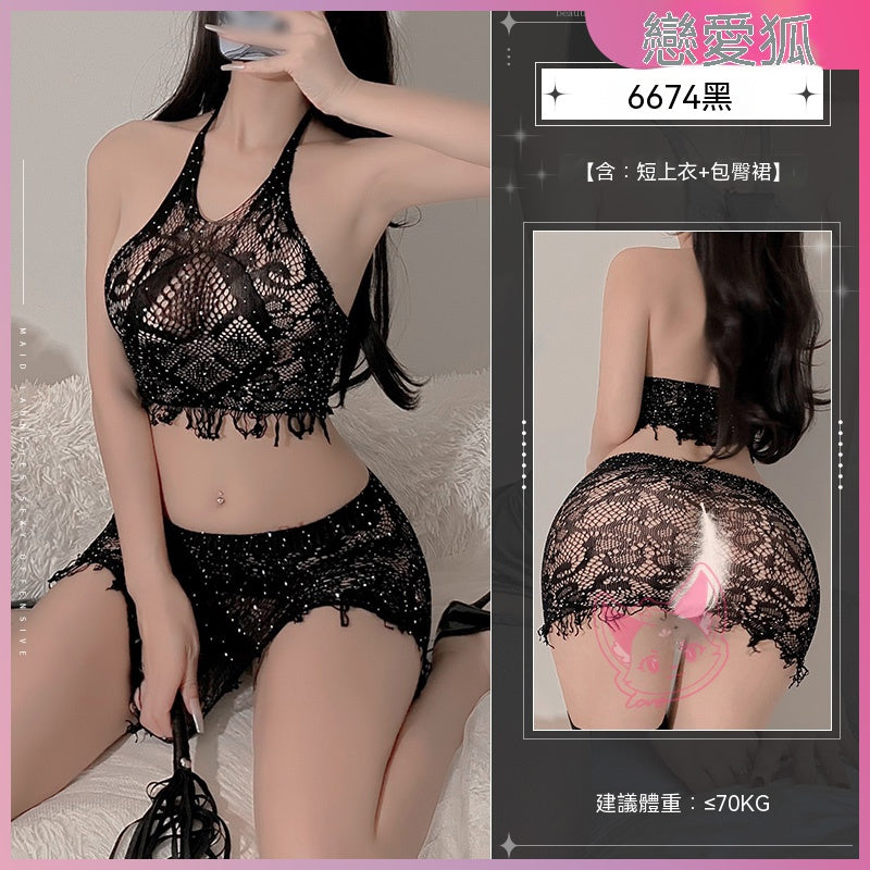 梵蜜 Vami&霏慕 黑亮鑽綴飾提花網眼分體裝 6674 均碼