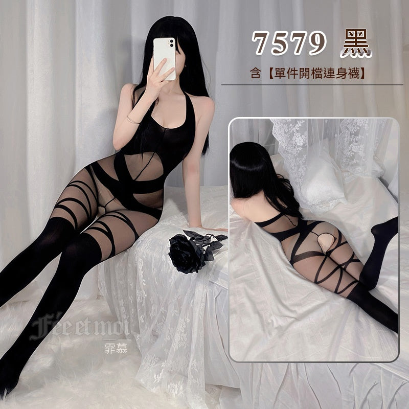 梵蜜 Vami&霏慕 黑狂野交叉束縛開檔連身襪 7579 均碼