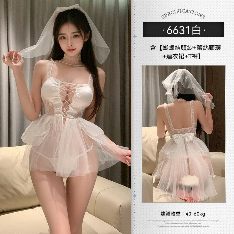 梵蜜Vami&霏慕 情趣內衣白珠鏈點綴前綁帶新娘套裝蝴蝶結頭紗+蕾絲頸環+連衣裙+T 褲 6631 均碼