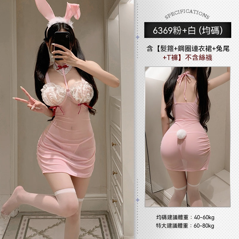 梵蜜 Vami&霏慕 情趣內衣兔女貓女 粉白髮箍+鋼圈連身裙+兔尾+T褲 6369 均碼