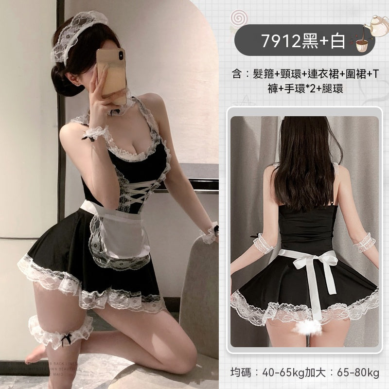梵蜜Vami&霏慕 黑白俏皮可愛制服套裝女僕女傭髮箍頸環連衣裙圍裙T褲手環2腿環 7912 均碼