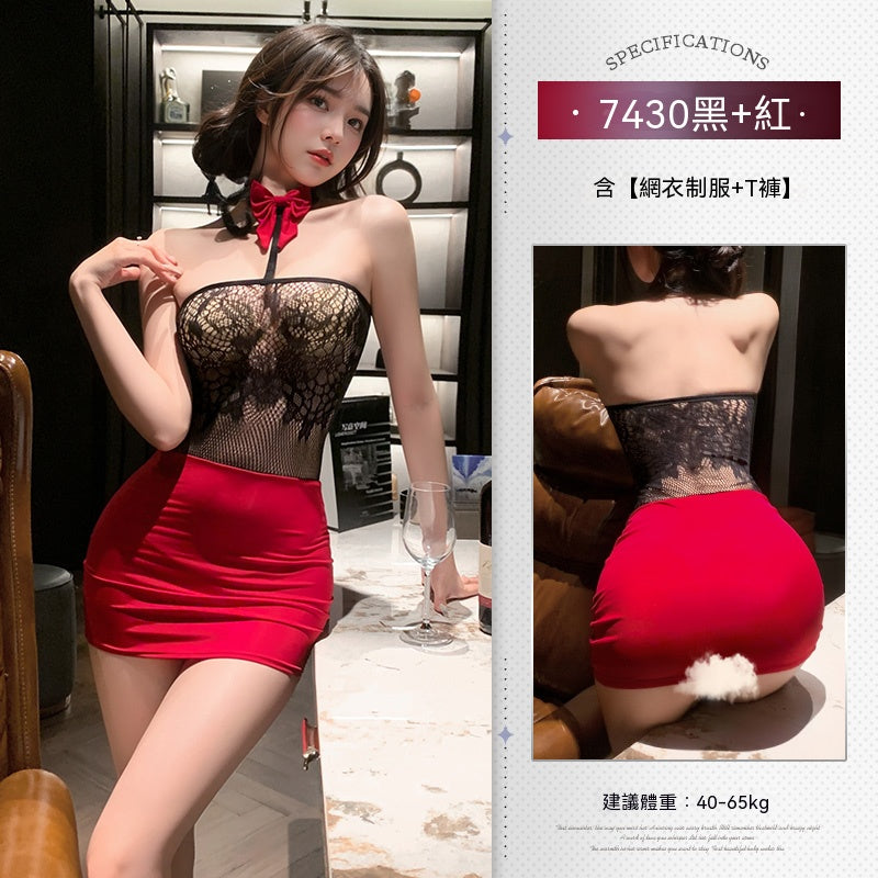梵蜜Vami&霏慕 情趣內衣黑+紅芳心縱火抹胸透乳網衣裙網衣制服頸環T褲 7430 均碼