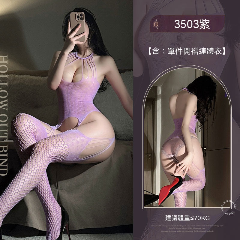 梵蜜 Vami&霏慕 挂脖连身网袜紫吊带挂脖镂空开档连身袜 3503 均碼