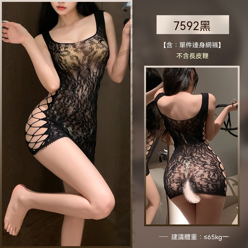梵蜜 Vami&霏慕 情趣內衣黑愛心甜豹個性包臀網衣裙 7592 均碼