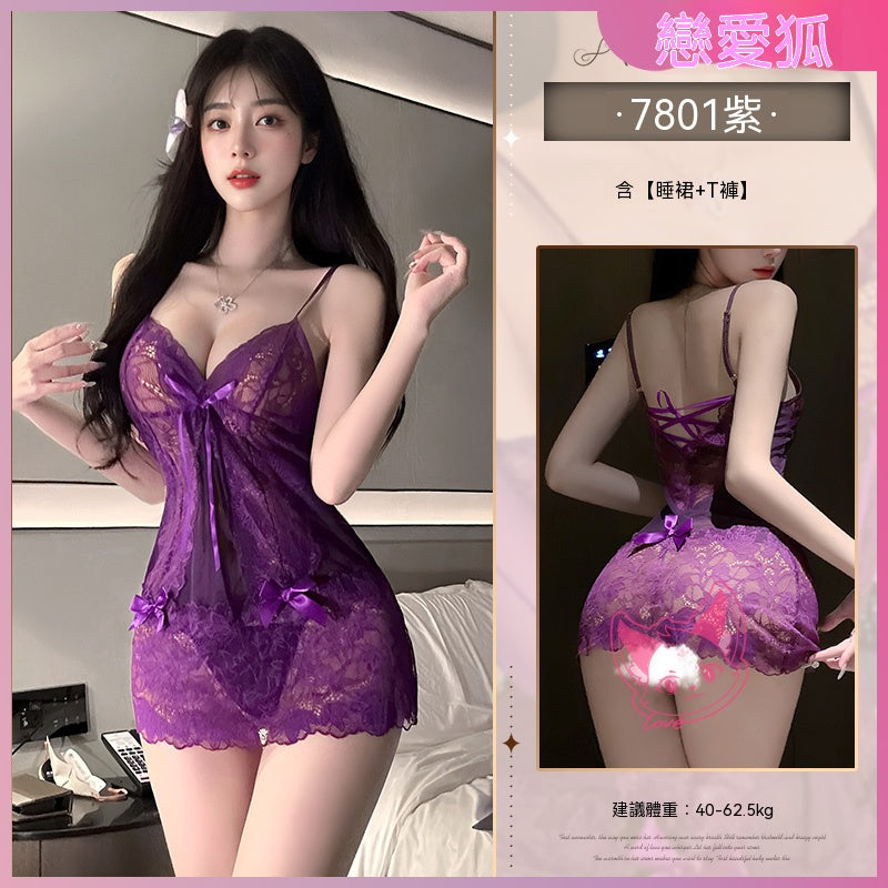 梵蜜 Vami&霏慕情趣內衣 睡裙 紫熱浪翻湧深V透視睡裙睡裙+丁字褲 7801 均碼