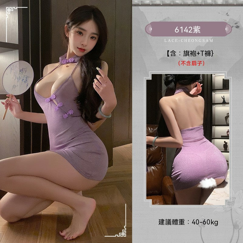 梵蜜Vami&霏慕 情趣內衣紫奢香夫人深V斜開襟旗袍+T褲 6142 均碼