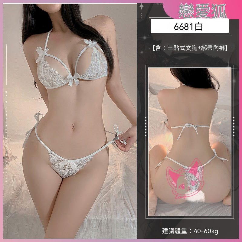 梵蜜 Vami&霏慕 情趣內衣白三點式胸罩+綁帶蕾絲開襠內褲 6681 均碼