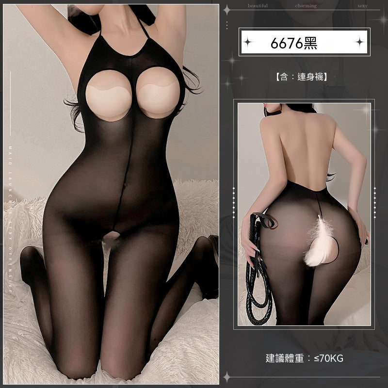梵蜜 Vami&霏慕 掛脖綁帶露胸開襠連身襪 6676 均碼