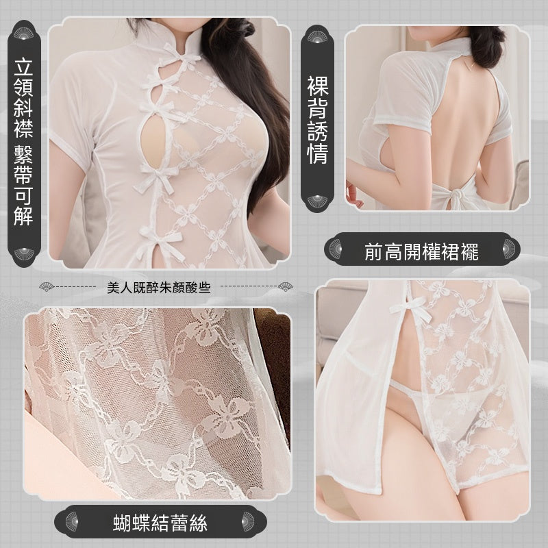 梵蜜 Vami&霏慕 白蕾絲拼紗透身裸臀旗袍+T褲 6232 均碼