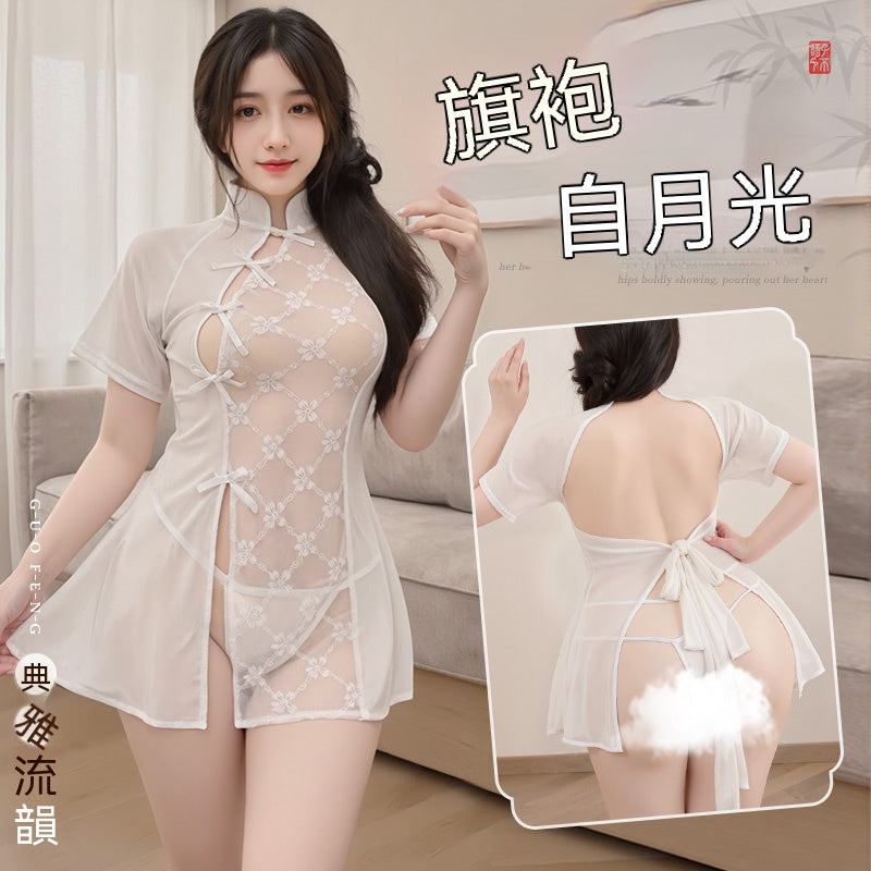 梵蜜 Vami&霏慕 白蕾絲拼紗透身裸臀旗袍+T褲 6232 均碼